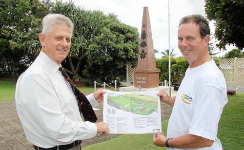Tweed Shire Council engineering and operations director Patrick Knight and Mayor Kevin Skinner with plans for revamped parkland on the Kingscliff foreshore. Tweed Shire Council engineering and operations director Patrick Knight and Mayor Kevin Skinner with plans for revamped parkland on the Kingscliff foreshore.